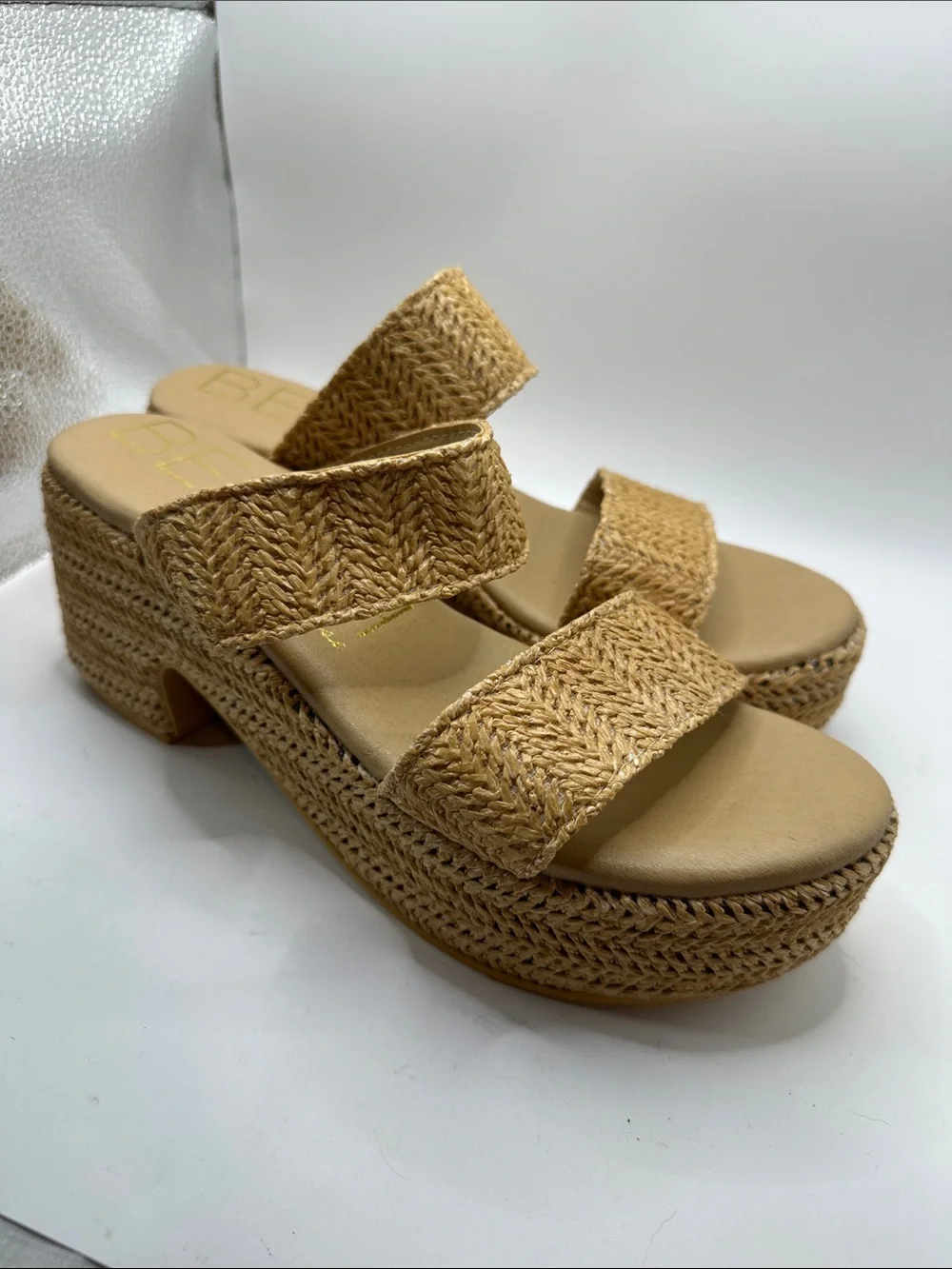 Woven Dual-Strap Platform Slides in Natural Tan size 10